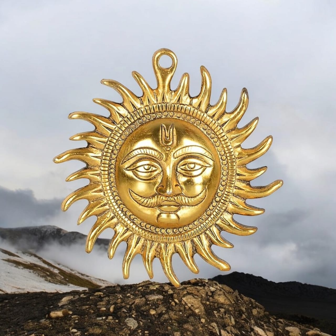 A pure brass wall hanging sun, symbolizing strength and positivity, available in small (5 inch) and big (7 inch) sizes to protect from Vaastu Dosh and Shani Dosh.