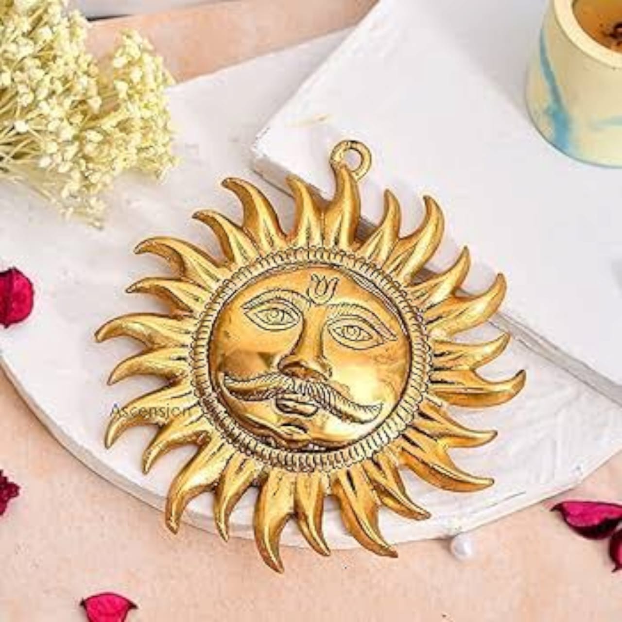 A pure brass wall hanging sun, symbolizing strength and positivity, available in small (5 inch) and big (7 inch) sizes to protect from Vaastu Dosh and Shani Dosh.