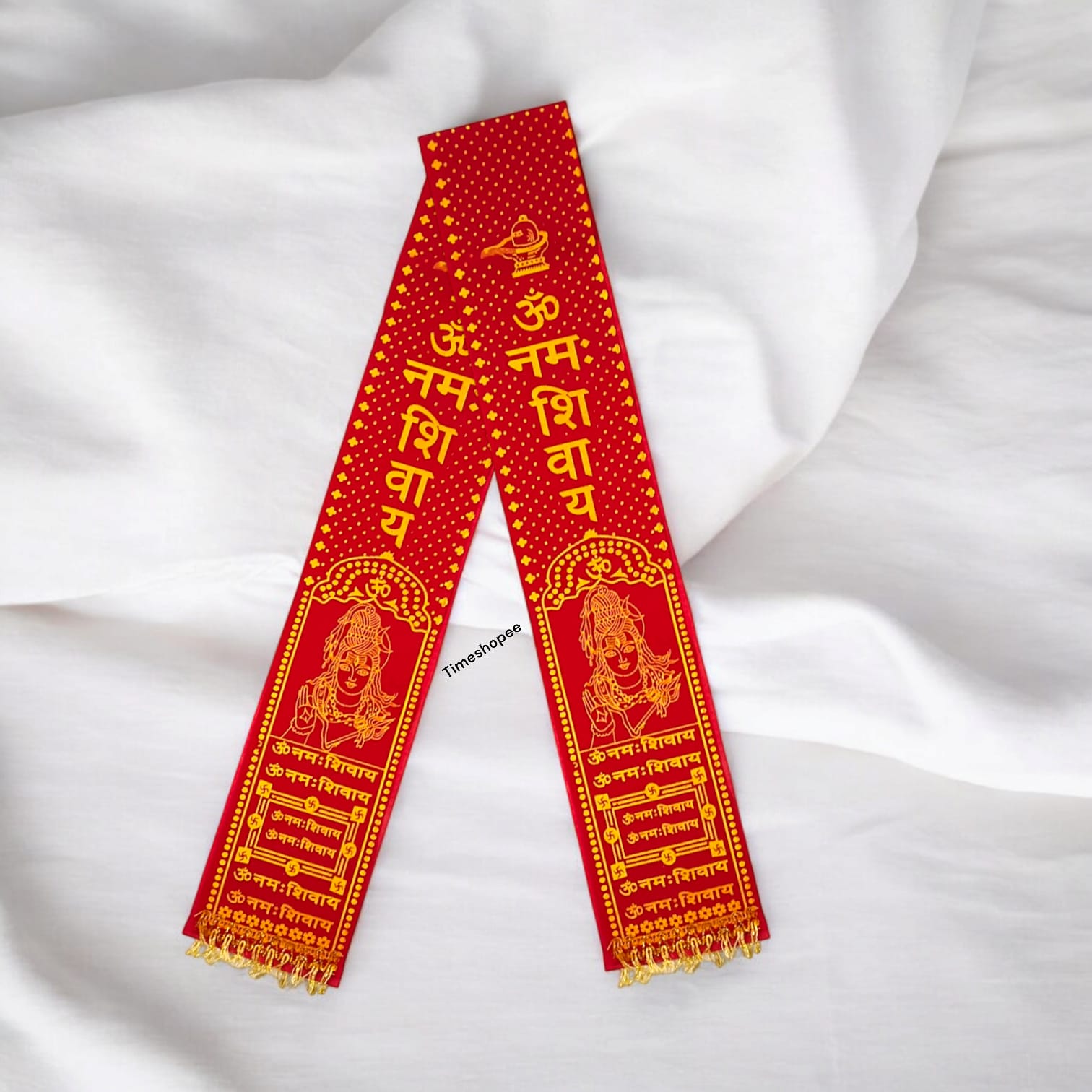 A pure satin stole with red and golden prints of the "Om Namah Shivay" mantra, used for Rudrabhishek and devotional ceremonies.