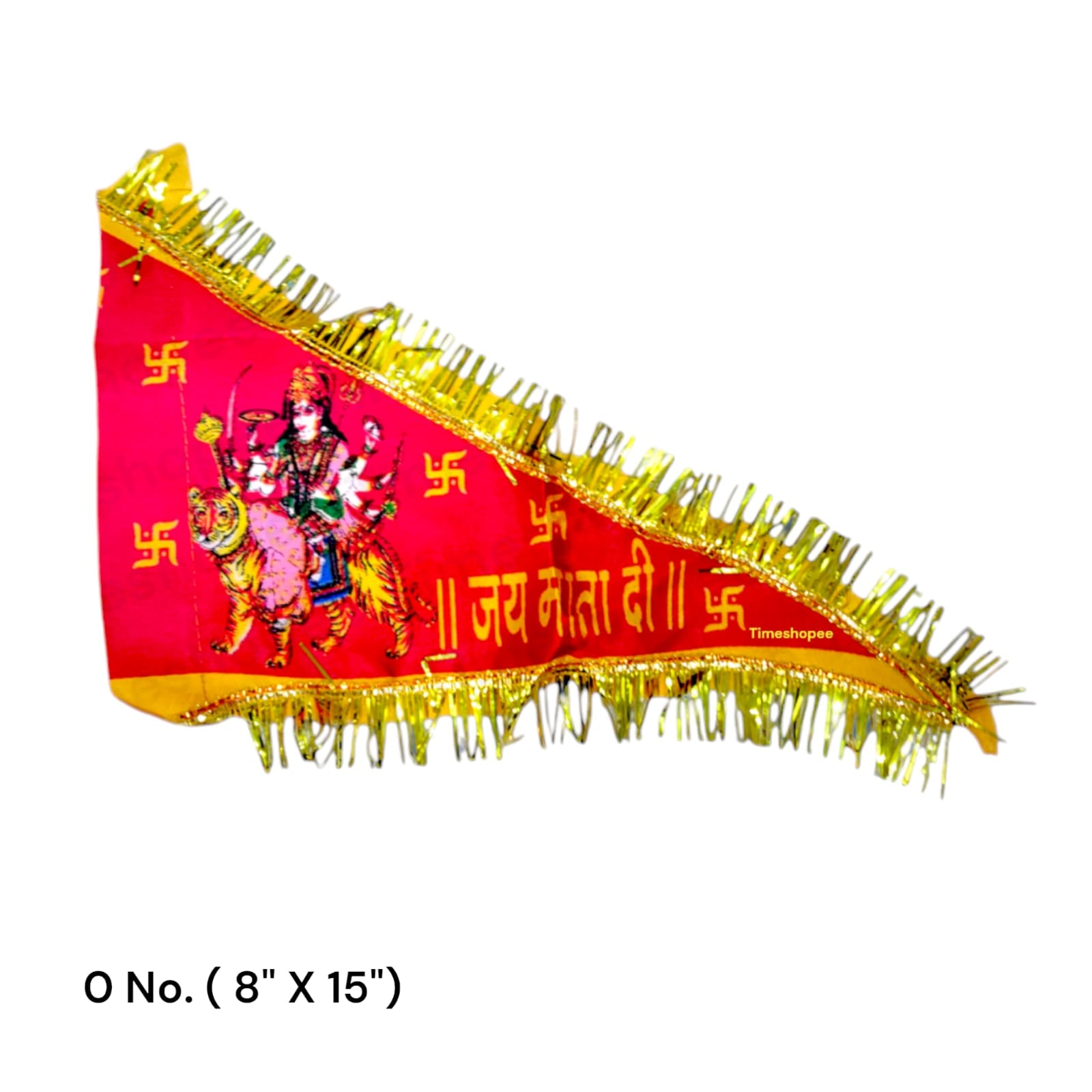 A red Jai Mata Di flag with Maa Durga imagery and Jai Mata Di text, available in various sizes for home, office, and temple display.