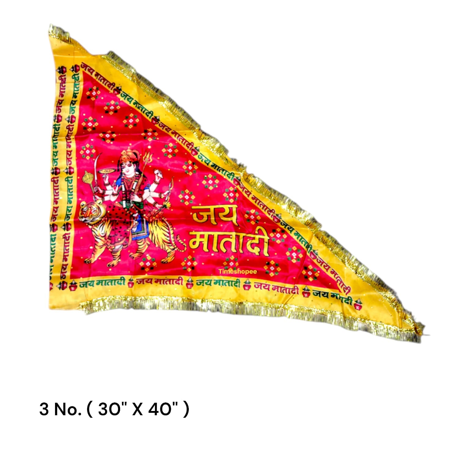A red Jai Mata Di flag with Maa Durga imagery and Jai Mata Di text, available in various sizes for home, office, and temple display.