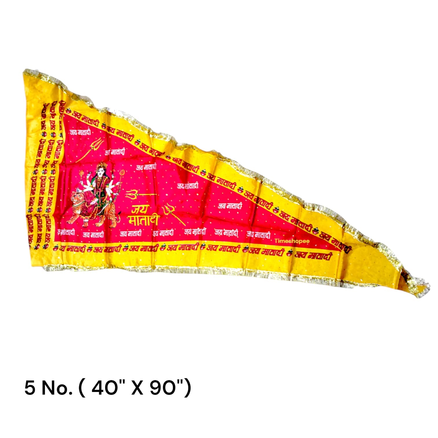 A red Jai Mata Di flag with Maa Durga imagery and Jai Mata Di text, available in various sizes for home, office, and temple display.