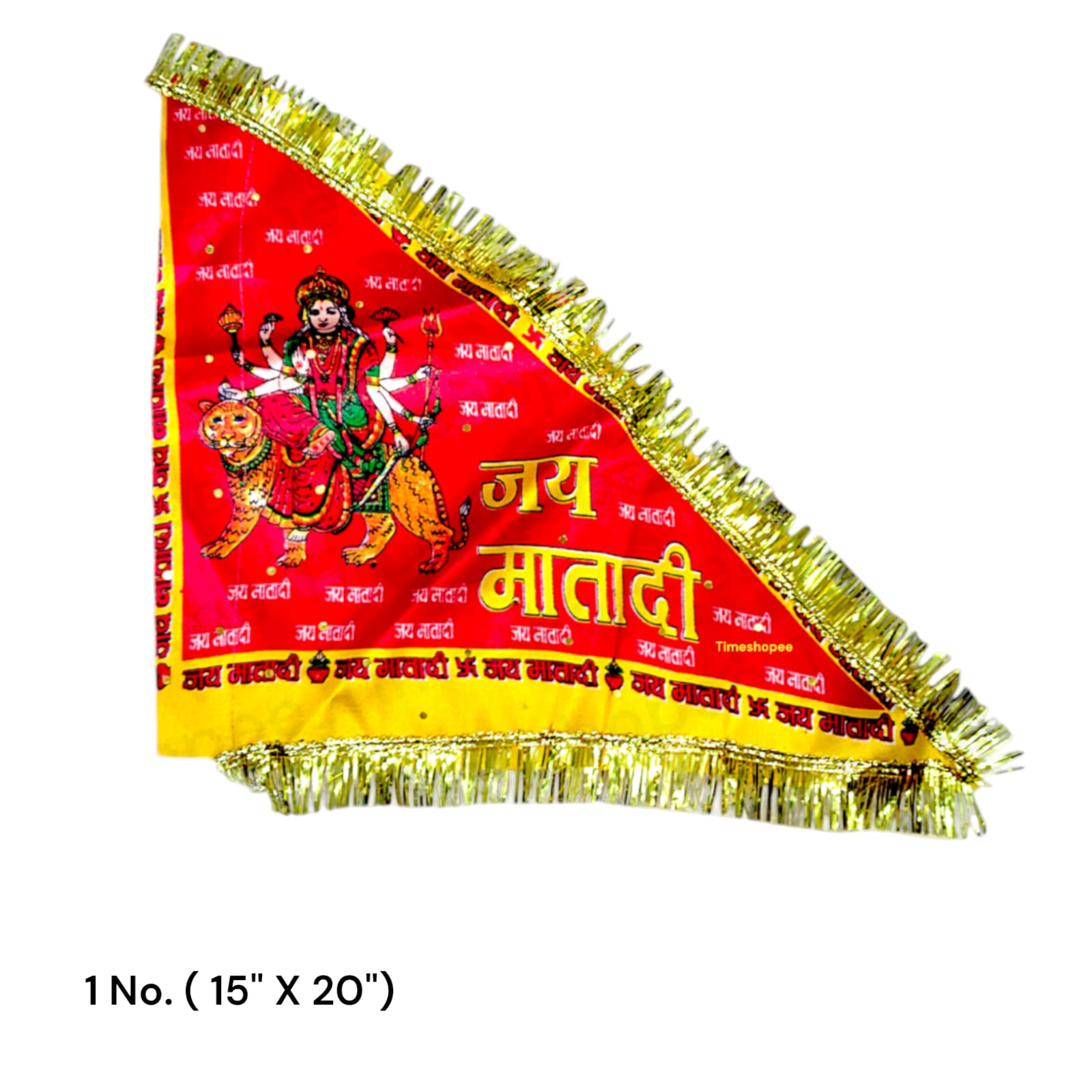 A red Jai Mata Di flag with Maa Durga imagery and Jai Mata Di text, available in various sizes for home, office, and temple display.