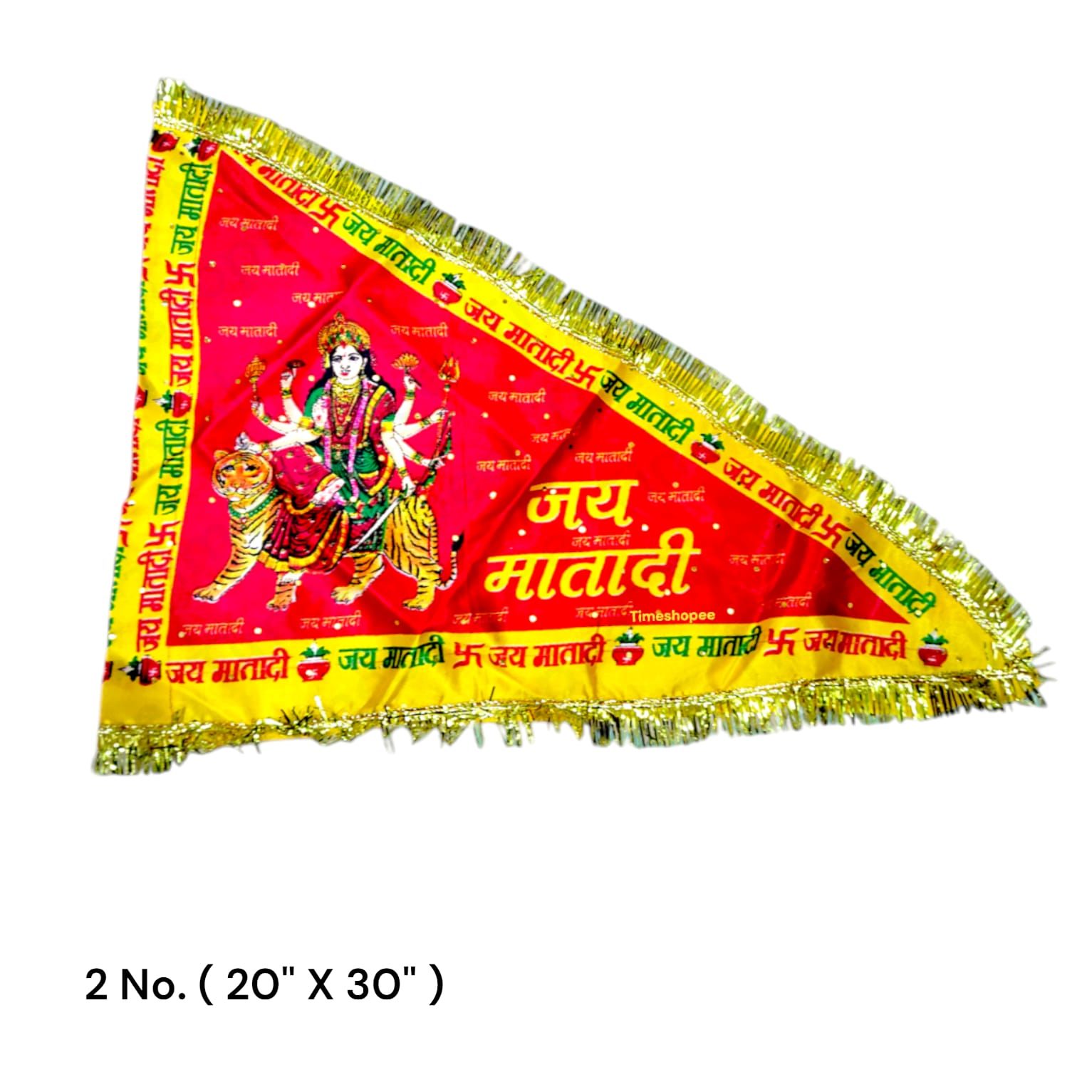 A red Jai Mata Di flag with Maa Durga imagery and Jai Mata Di text, available in various sizes for home, office, and temple display.