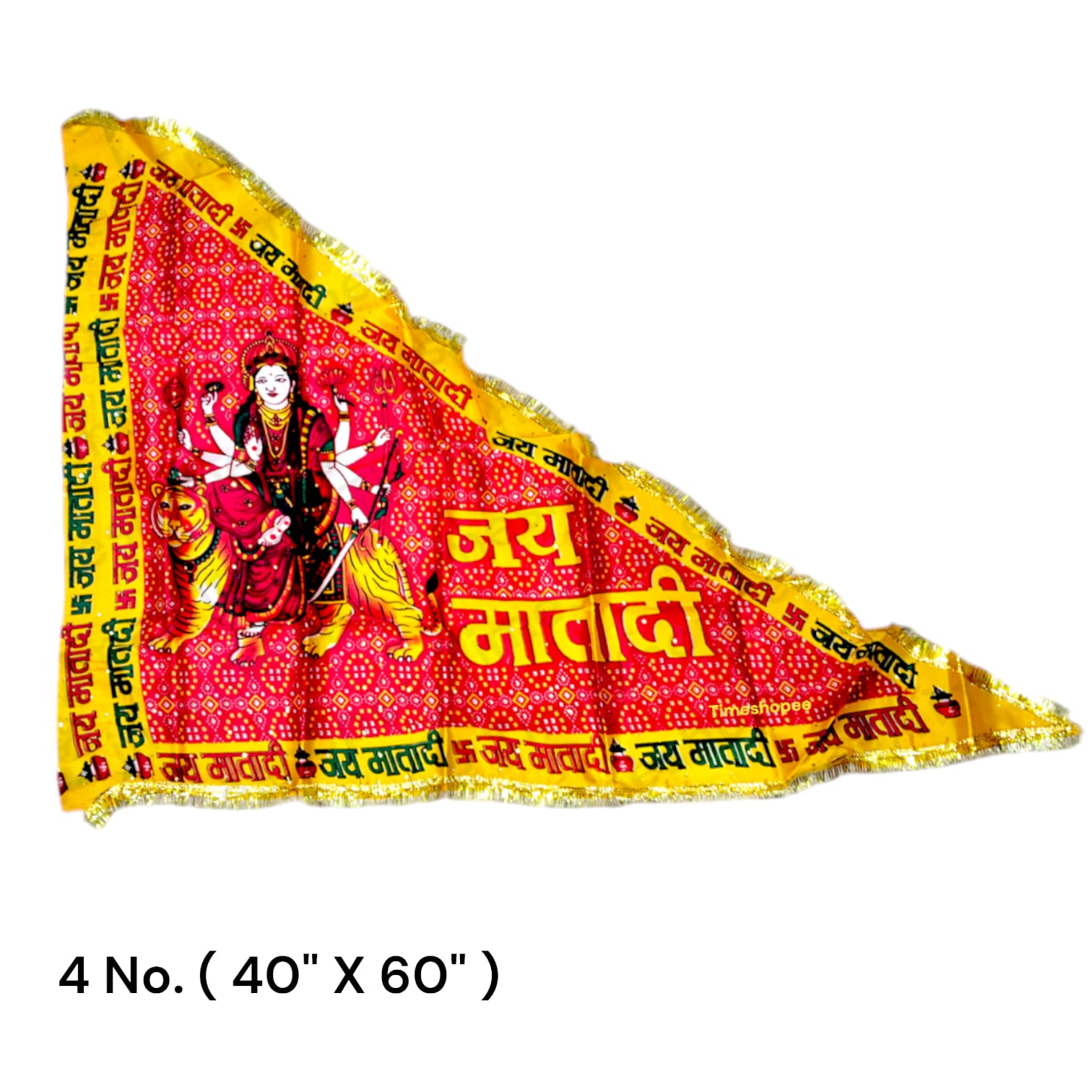 A red Jai Mata Di flag with Maa Durga imagery and Jai Mata Di text, available in various sizes for home, office, and temple display.