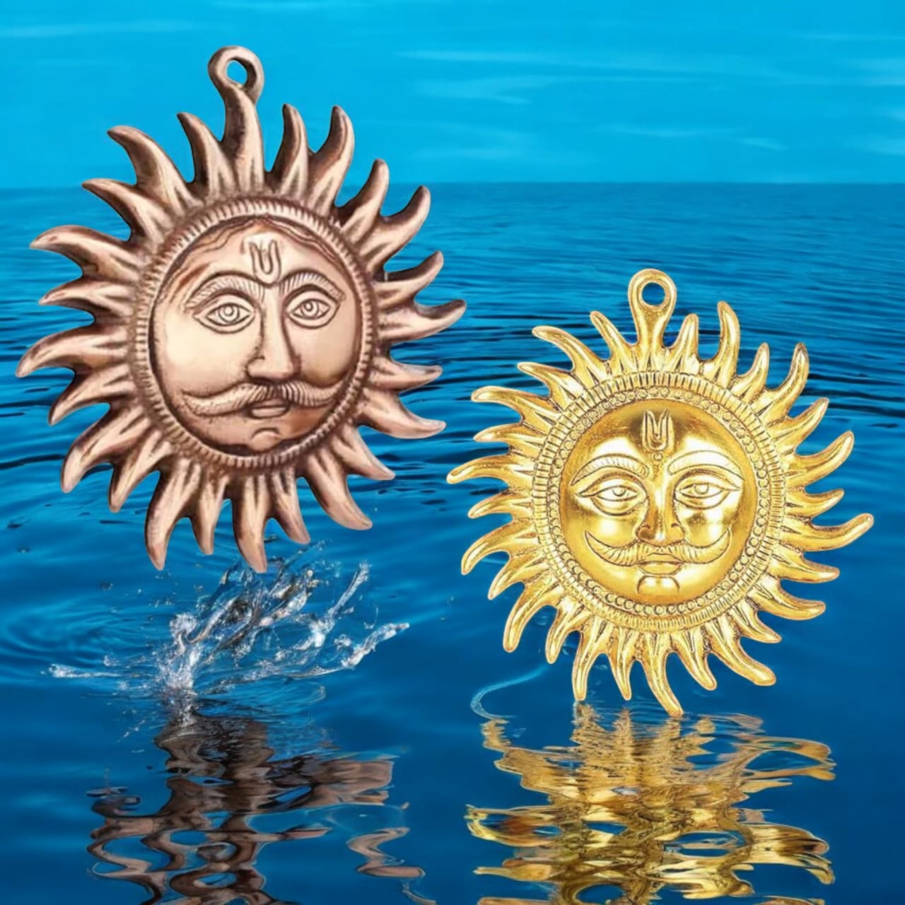 A set of 2 Surya Dev wall hangings, one in bronze (brass) and one in golden (copper), each 5 inches, designed to protect against Vaastu Dosh and Shani Dosh.