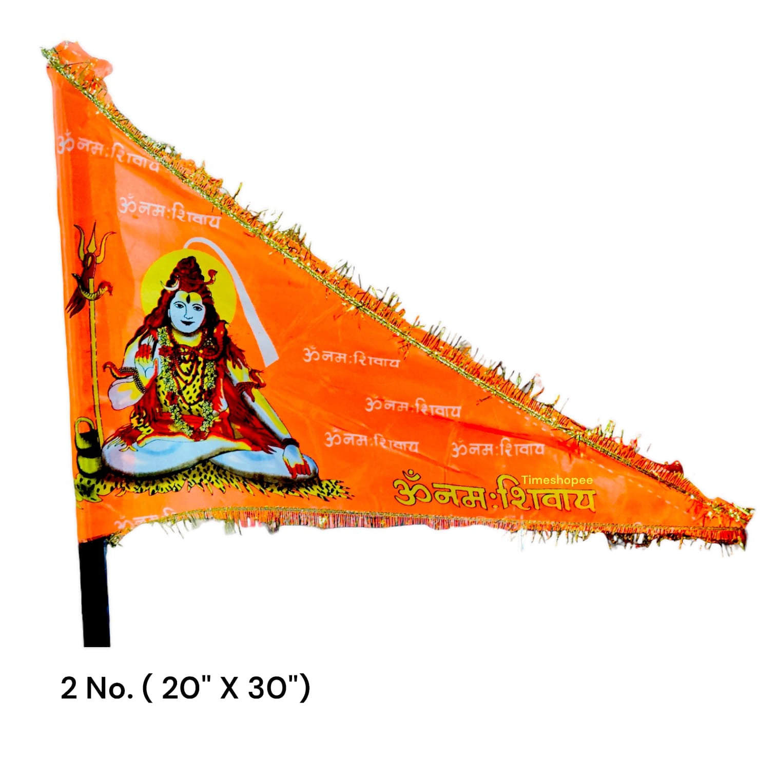 A vibrant Shiv Ji Flag featuring the mantra "Om Namah Shivaay," designed for spiritual and decorative use, available in multiple sizes.