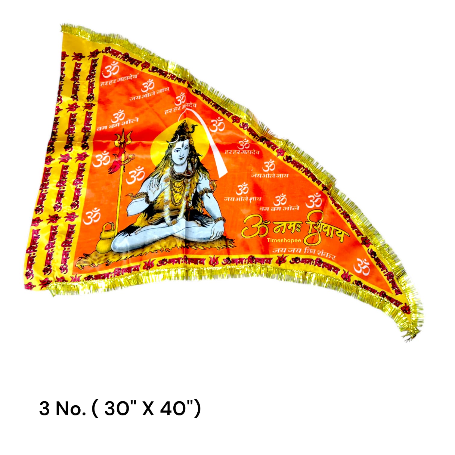 A vibrant Shiv Ji Flag featuring the mantra "Om Namah Shivaay," designed for spiritual and decorative use, available in multiple sizes.