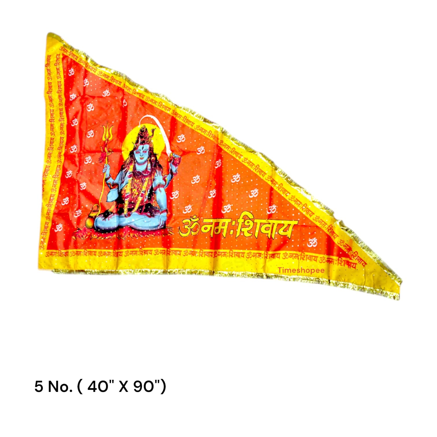 A vibrant Shiv Ji Flag featuring the mantra "Om Namah Shivaay," designed for spiritual and decorative use, available in multiple sizes.
