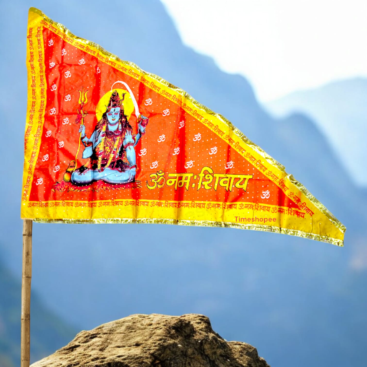 A vibrant Shiv Ji Flag featuring the mantra "Om Namah Shivaay," designed for spiritual and decorative use, available in multiple sizes.