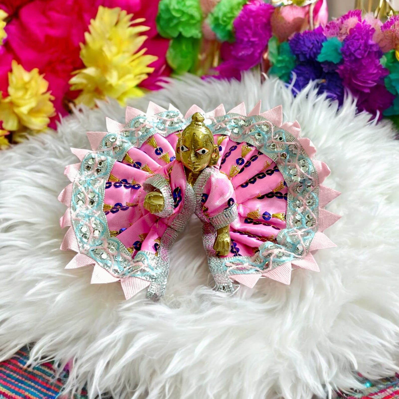 A vibrant and beautifully embroidered Laddu Gopal dress (poshak) for 1 No. Laddu Gopal, designed for daily worship or special occasions.