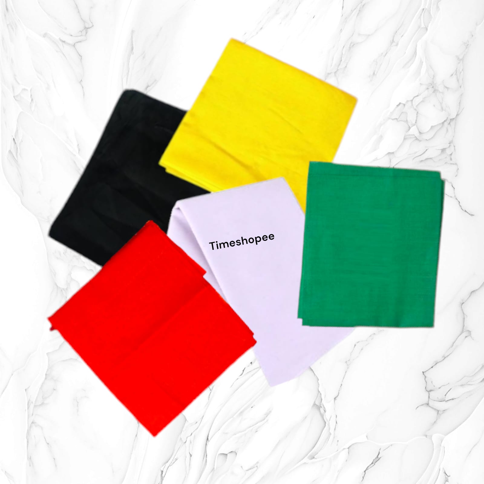 A vibrant set of five 1.25-meter pooja cloths in red, yellow, green, black, and white, symbolizing strength, prosperity, growth, protection, and purity for worship.