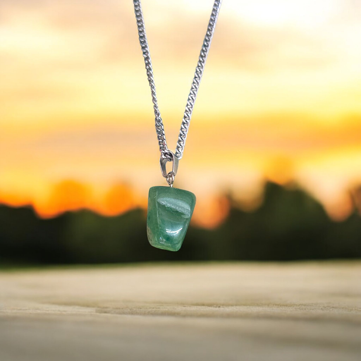 African Green Jade Healing Tumbled Stones Pendant With White Metal Chain Lab Certified By Timeshopee