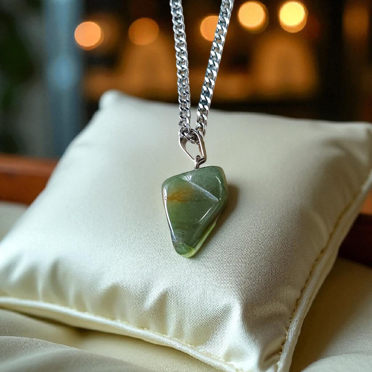 African Green Jade Healing Tumbled Stones Pendant With White Metal Chain Lab Certified By Timeshopee