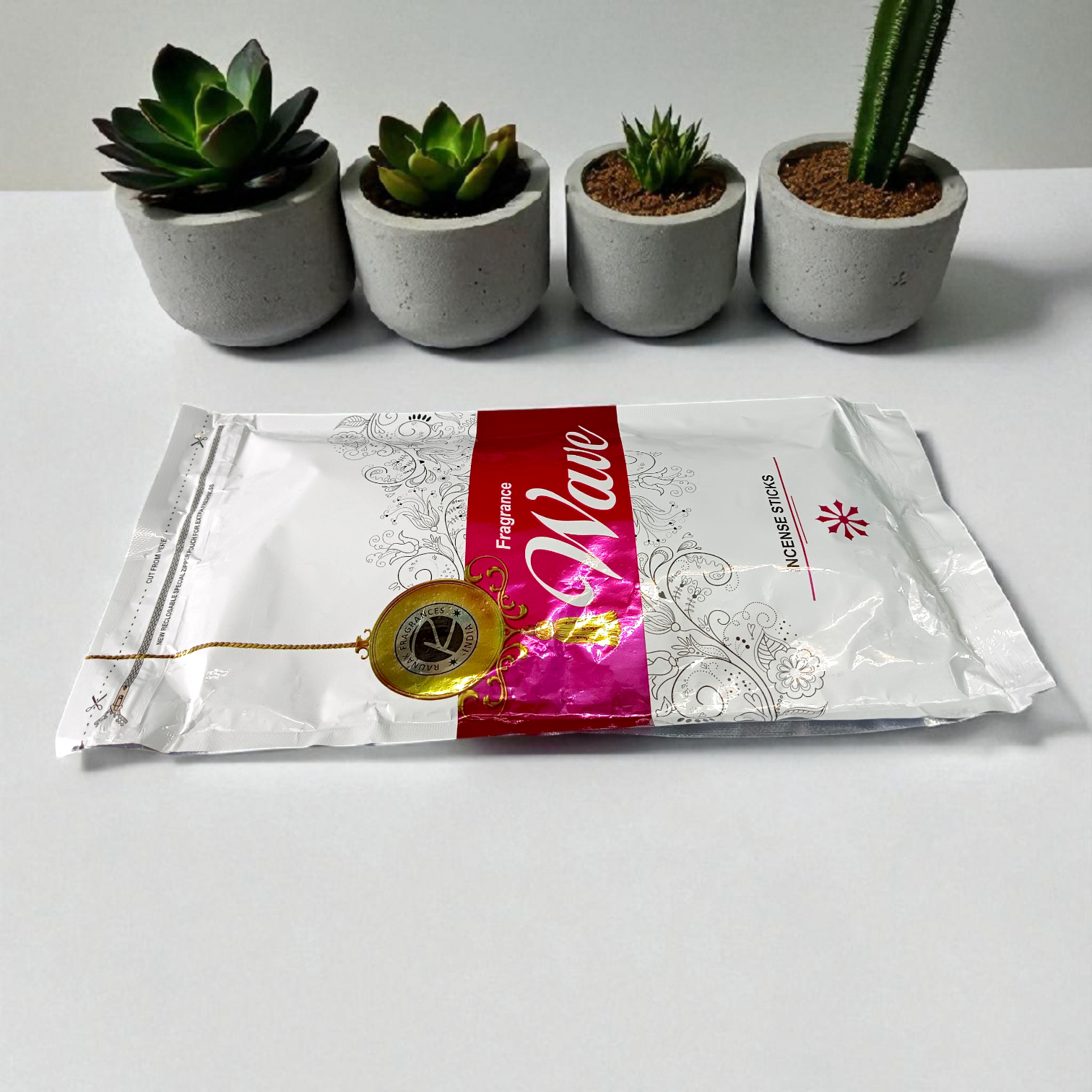 Agarbatti Fragrance Wave Incense Sticks in a 130-gram zipper pack, releasing soothing and calming fragrance for home or spiritual use.