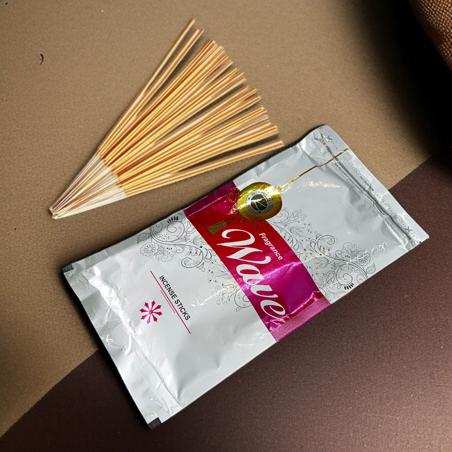 Agarbatti Fragrance Wave Incense Sticks in a 130-gram zipper pack, releasing soothing and calming fragrance for home or spiritual use.
