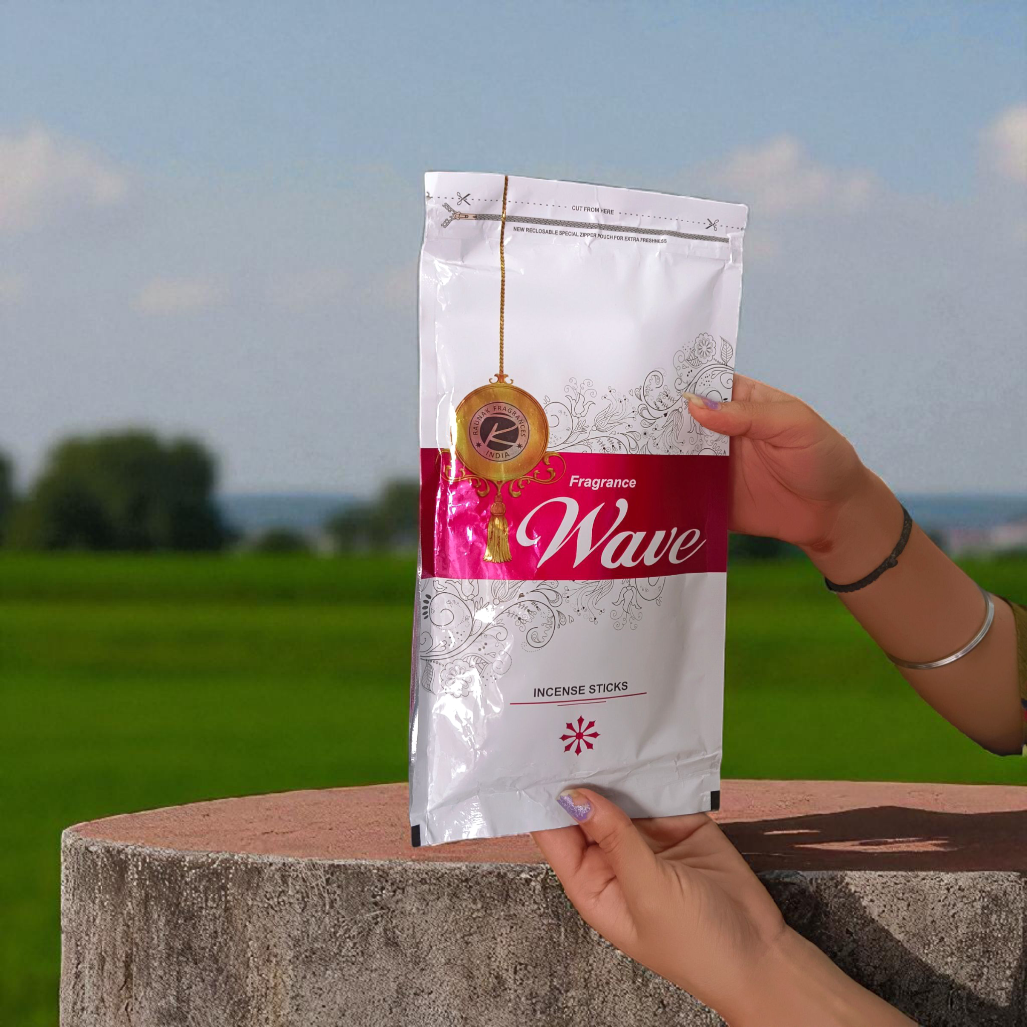 Agarbatti Fragrance Wave Incense Sticks in a 130-gram zipper pack, releasing soothing and calming fragrance for home or spiritual use.