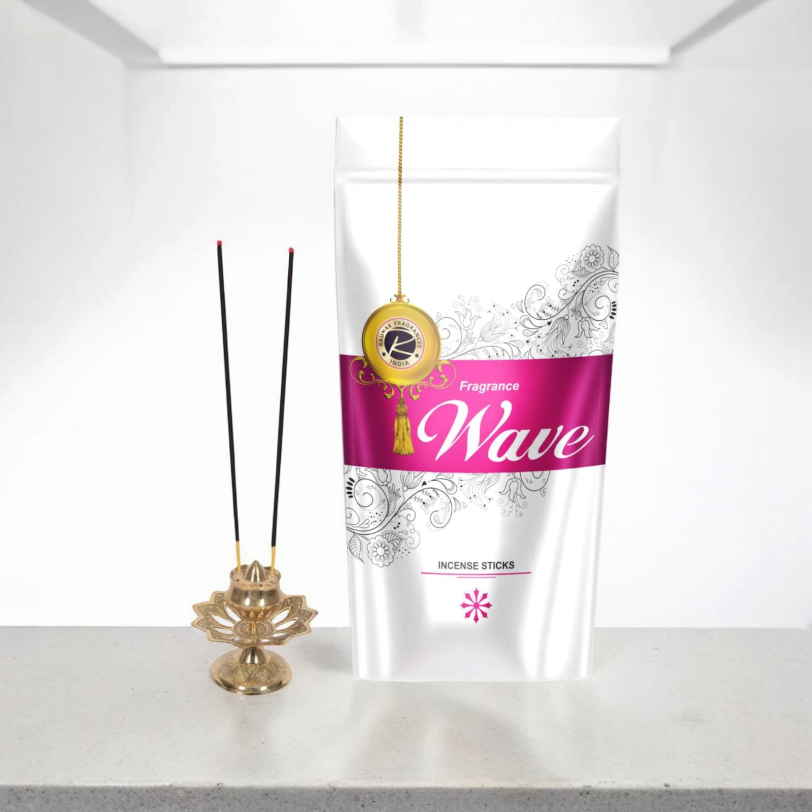 Agarbatti Fragrance Wave Incense Sticks in a 130-gram zipper pack, releasing soothing and calming fragrance for home or spiritual use.
