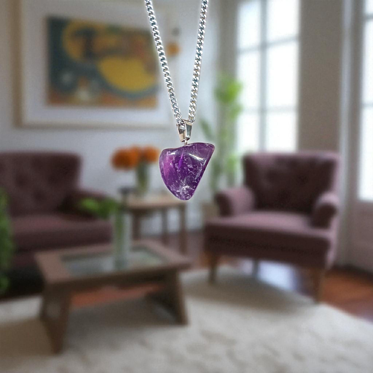 Amethyst Pendant with Stone Locket on Chain, Lab Certified, available at Timeshopee