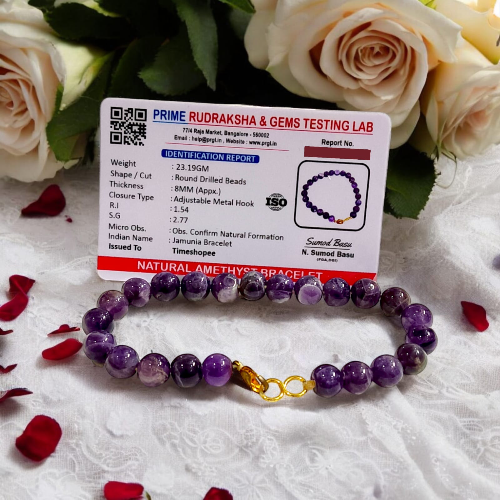 Amethyst bracelet with 8MM beads, showcasing its elegant design and lab certification.
