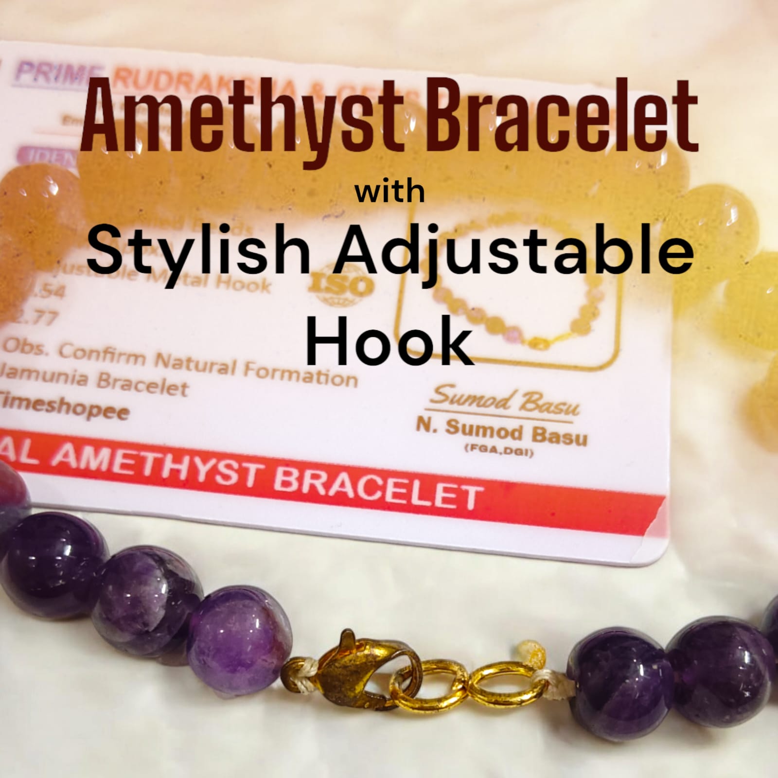 Amethyst bracelet with 8MM beads, showcasing its elegant design and lab certification.