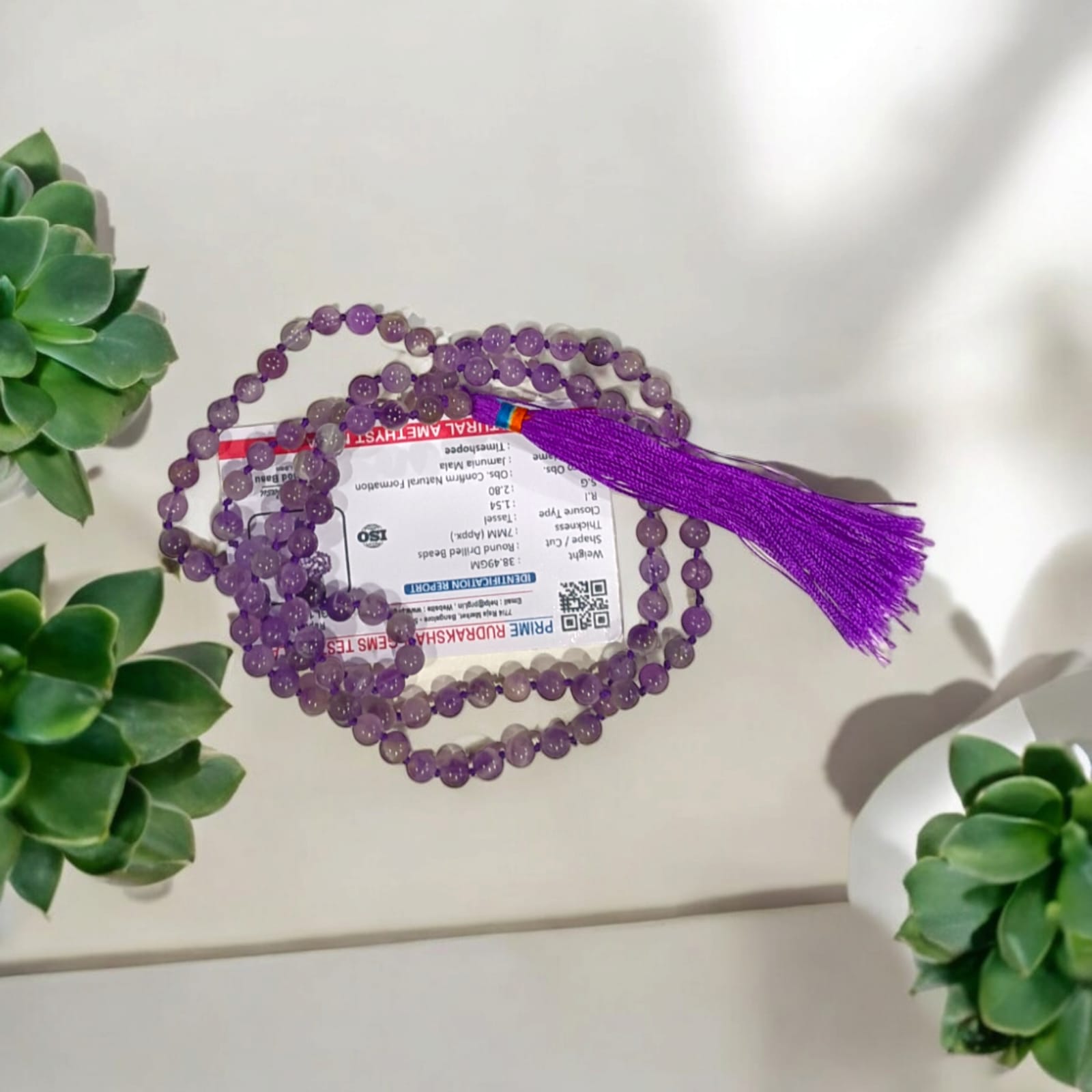 Amethyst mala with 108+1 beads in 7MM and 8MM sizes, perfect for meditation, spiritual growth, and everyday wear.