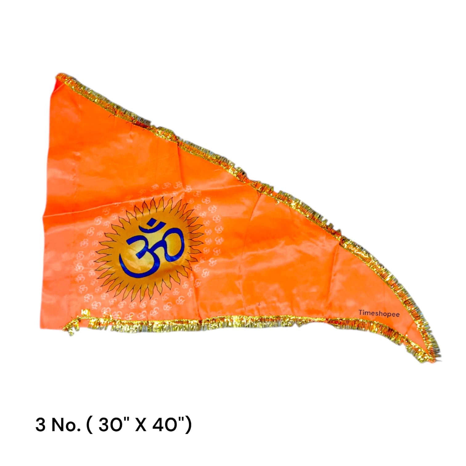 An eye-catching Om Flag in bright orange featuring the sacred Om symbol, designed for spiritual and decorative use, available in various sizes.