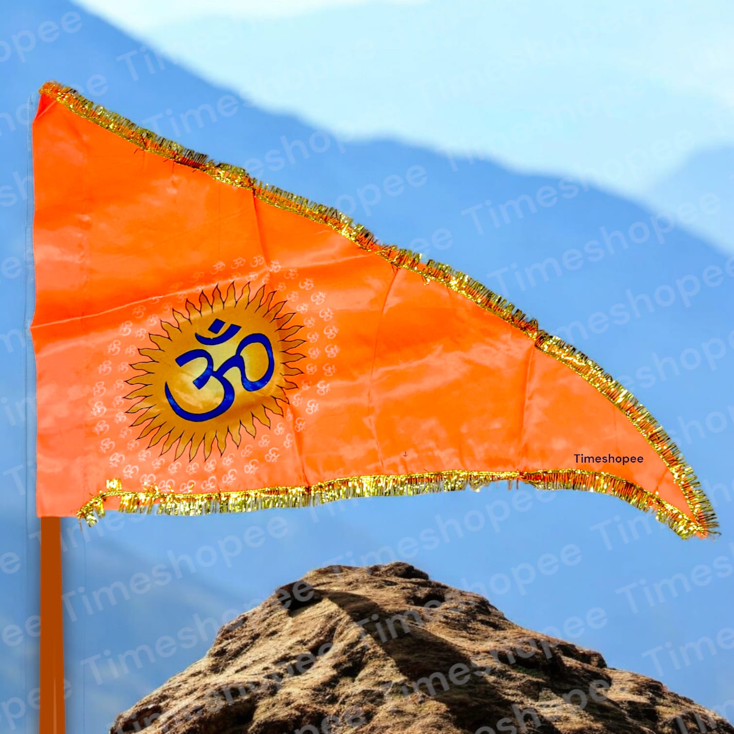 An eye-catching Om Flag in bright orange featuring the sacred Om symbol, designed for spiritual and decorative use, available in various sizes.