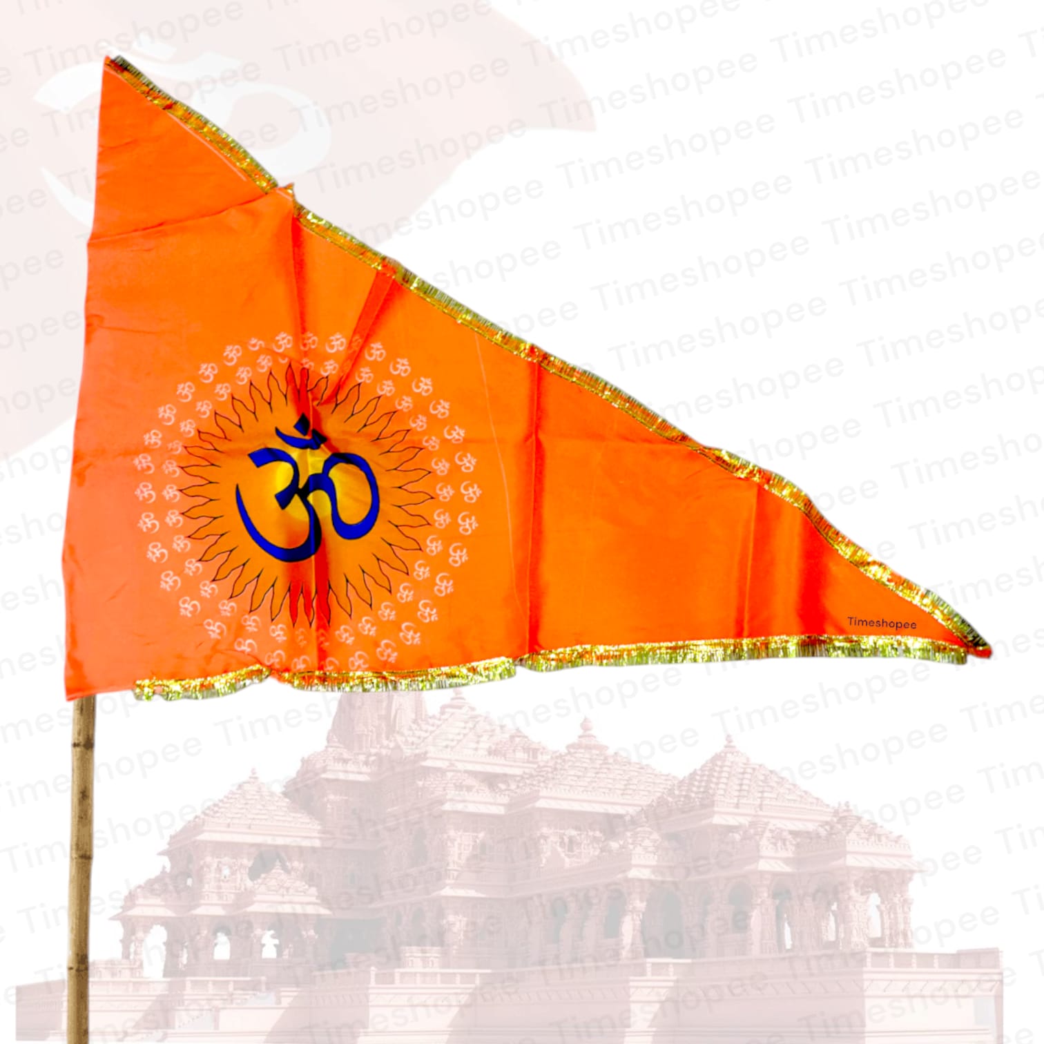 An eye-catching Om Flag in bright orange featuring the sacred Om symbol, designed for spiritual and decorative use, available in various sizes.