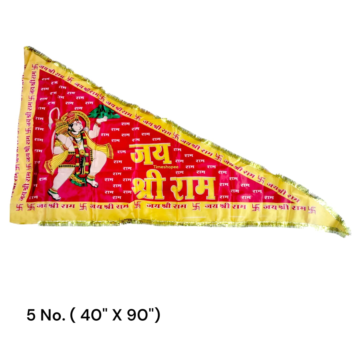 An orange (Bhagwa) Hanuman Ji Jhanda with Jai Shri Ram text, available in various sizes, ideal for home, office, and temple display.