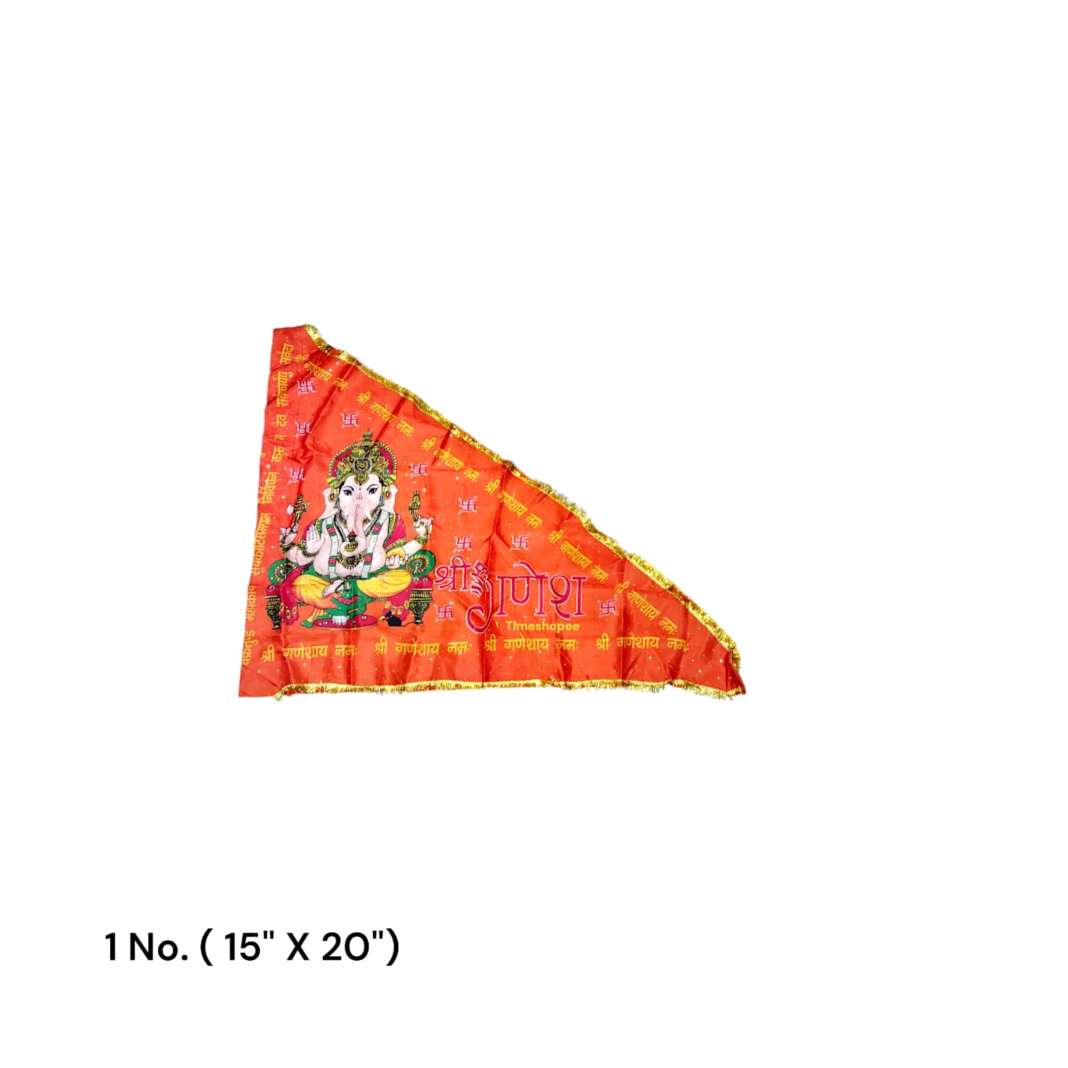 An orange and yellow Ganesh Ji Jhanda featuring Lord Ganesh, available in various sizes for home, office, and temple display.
