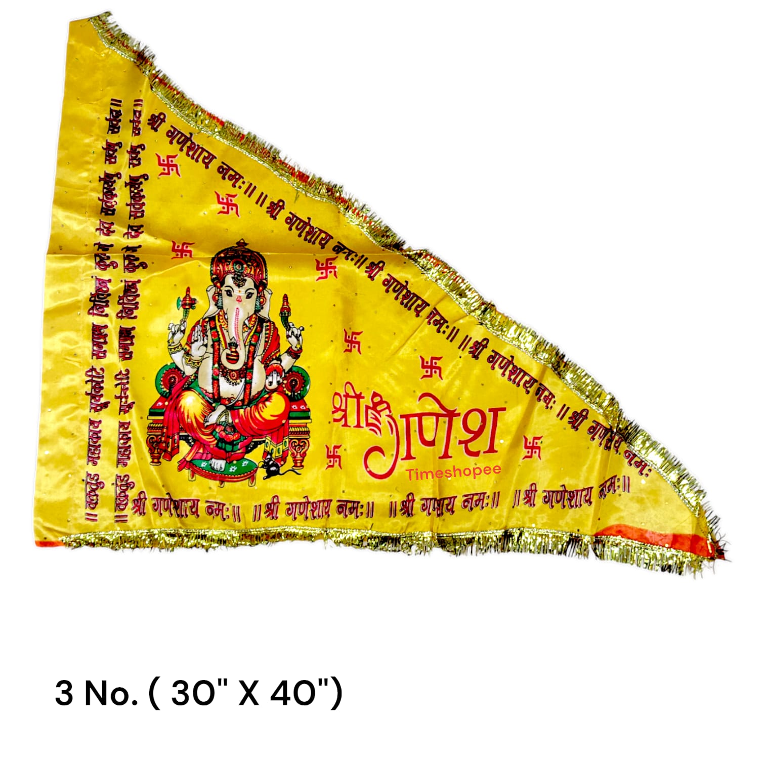 An orange and yellow Ganesh Ji Jhanda featuring Lord Ganesh, available in various sizes for home, office, and temple display.
