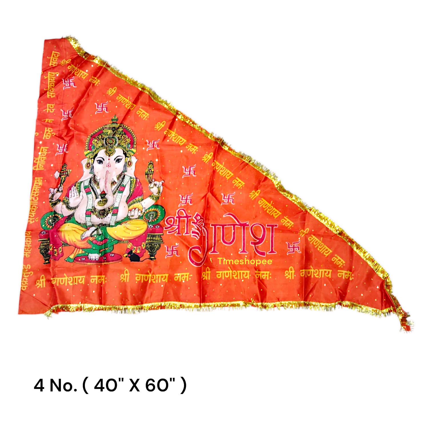 An orange and yellow Ganesh Ji Jhanda featuring Lord Ganesh, available in various sizes for home, office, and temple display.