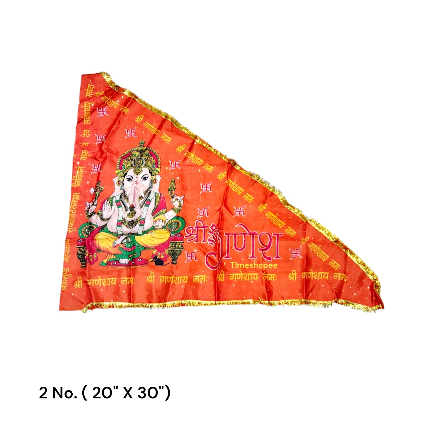 An orange and yellow Ganesh Ji Jhanda featuring Lord Ganesh, available in various sizes for home, office, and temple display.