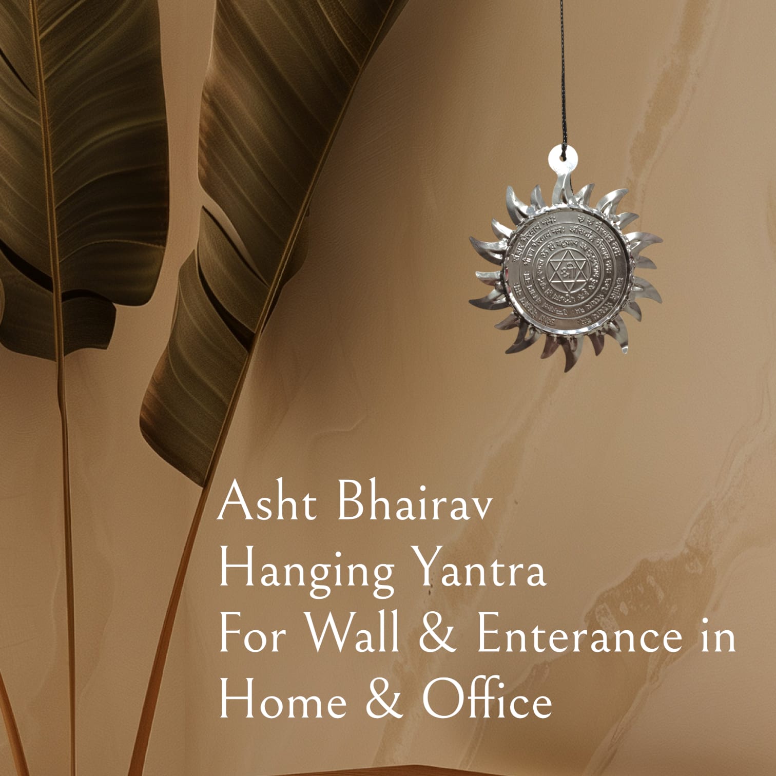Ashtbhairav Yantra with black thread, featuring detailed depictions of eight Bhairavas, designed for hanging in home or office for protection and positive energy.