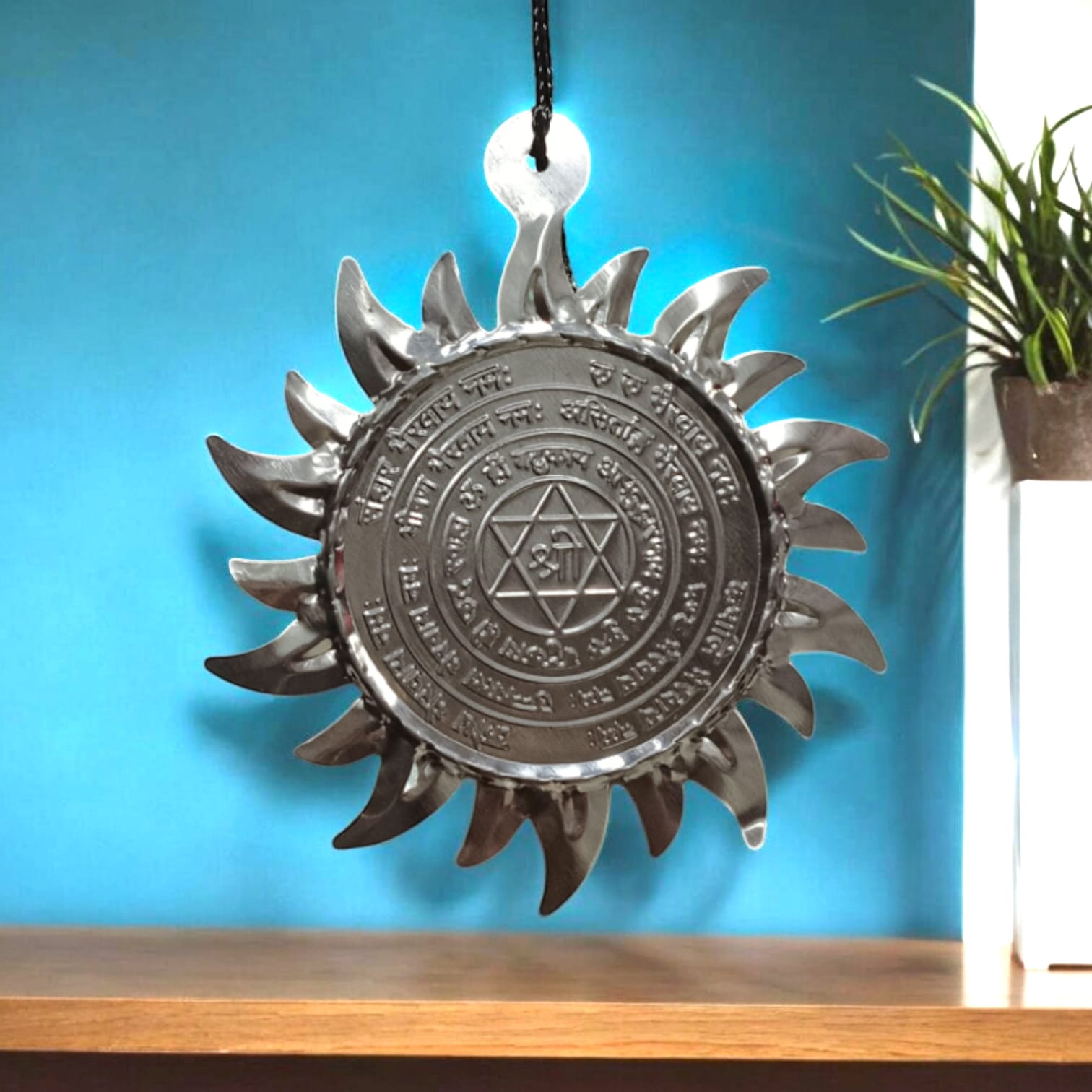 Ashtbhairav Yantra with black thread, featuring detailed depictions of eight Bhairavas, designed for hanging in home or office for protection and positive energy.