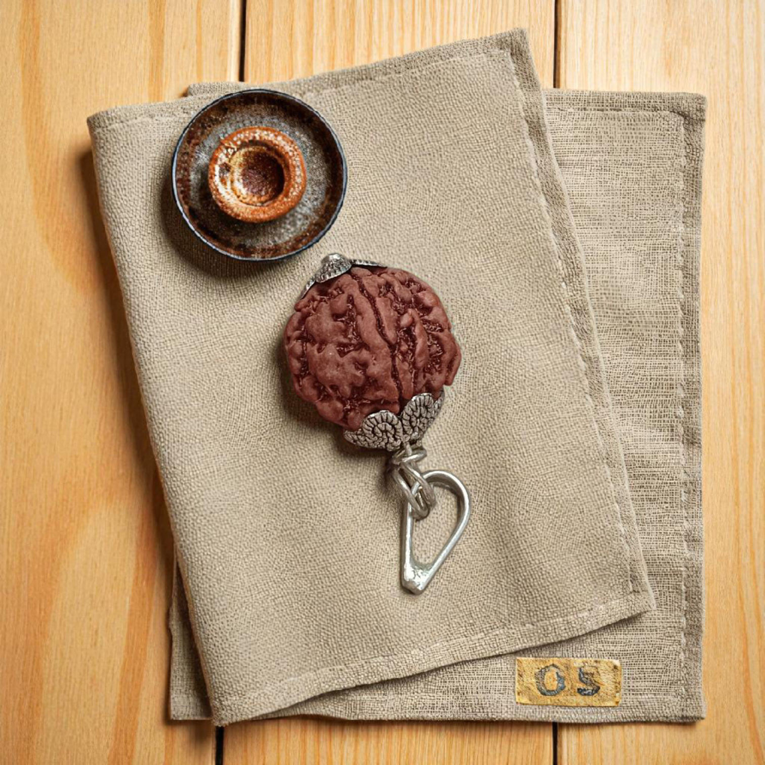 Authentic 5 Mukhi Rudraksha Mala and Pendant Combo placed on a white background with sacred thread and spiritual packaging