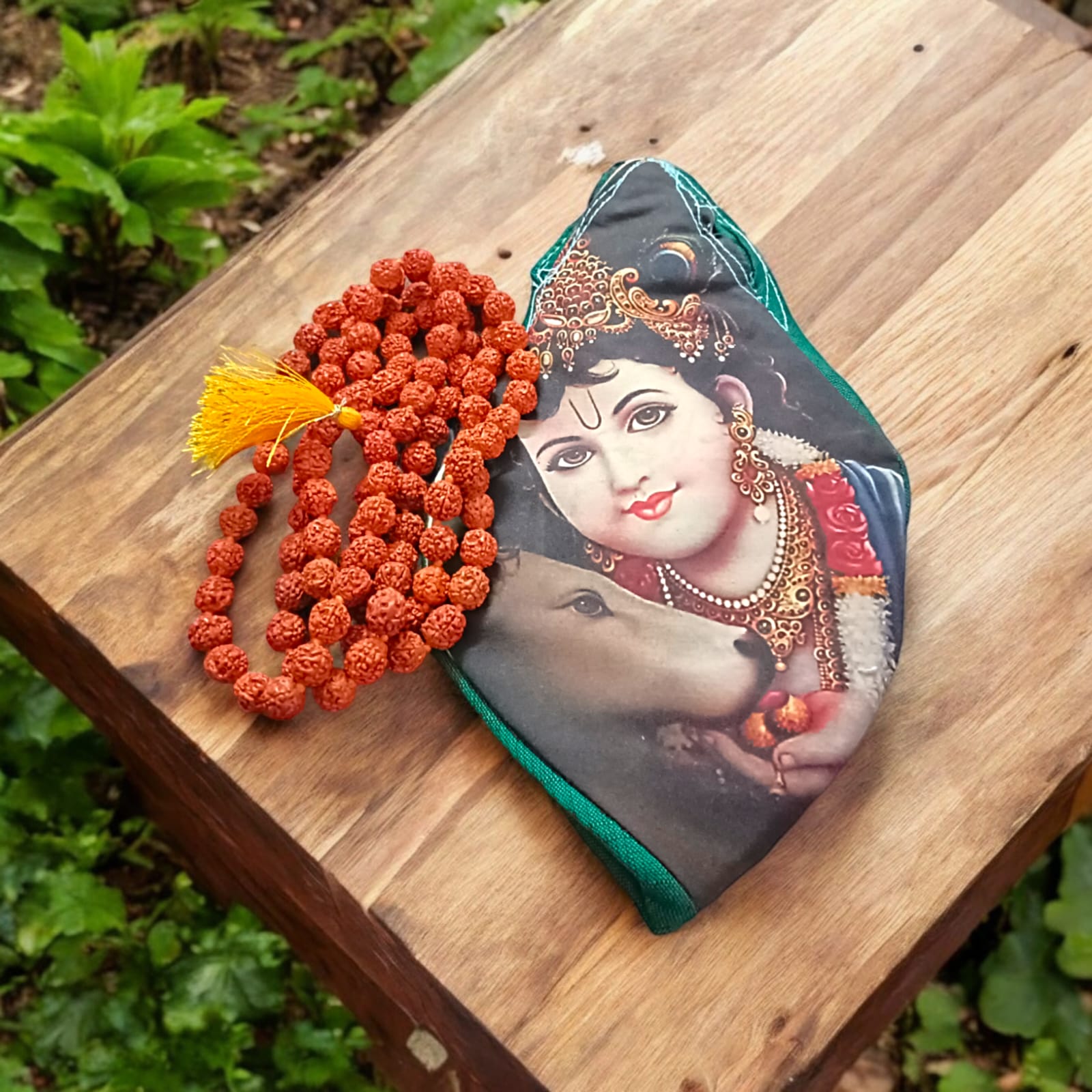 Bal Gopal Cotton Japa Mala Bag with photo-printed Gomukhi design, dimensions 25.4 x 12.7 x 2.5 cm, lightweight and available at Timeshopee.