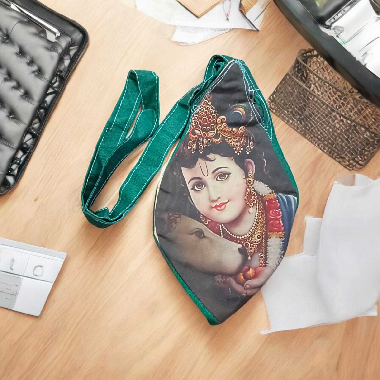 Bal Gopal Cotton Japa Mala Bag with photo-printed Gomukhi design, dimensions 25.4 x 12.7 x 2.5 cm, lightweight and available at Timeshopee.