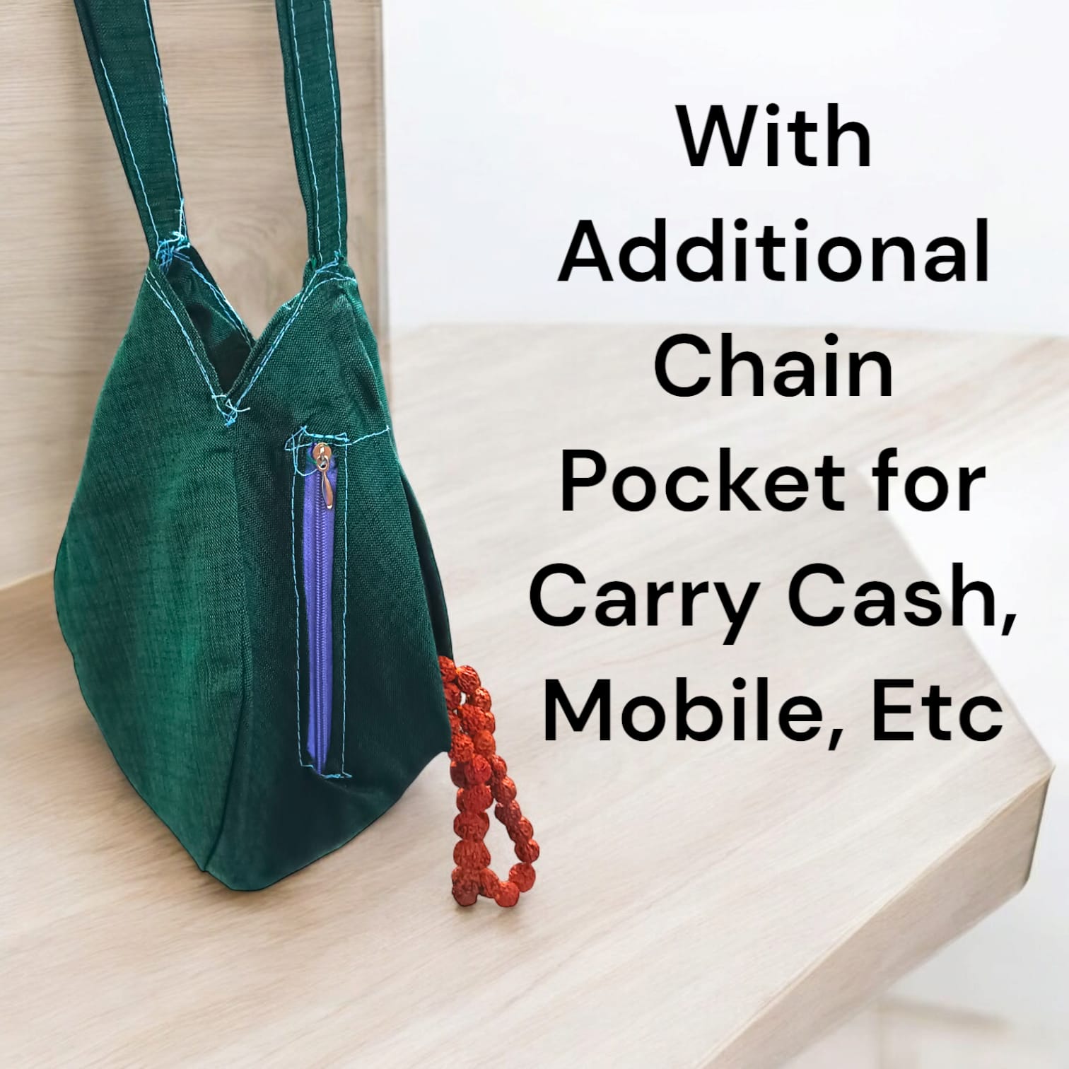 Bal Gopal Cotton Japa Mala Bag with photo-printed Gomukhi design, dimensions 25.4 x 12.7 x 2.5 cm, lightweight and available at Timeshopee.