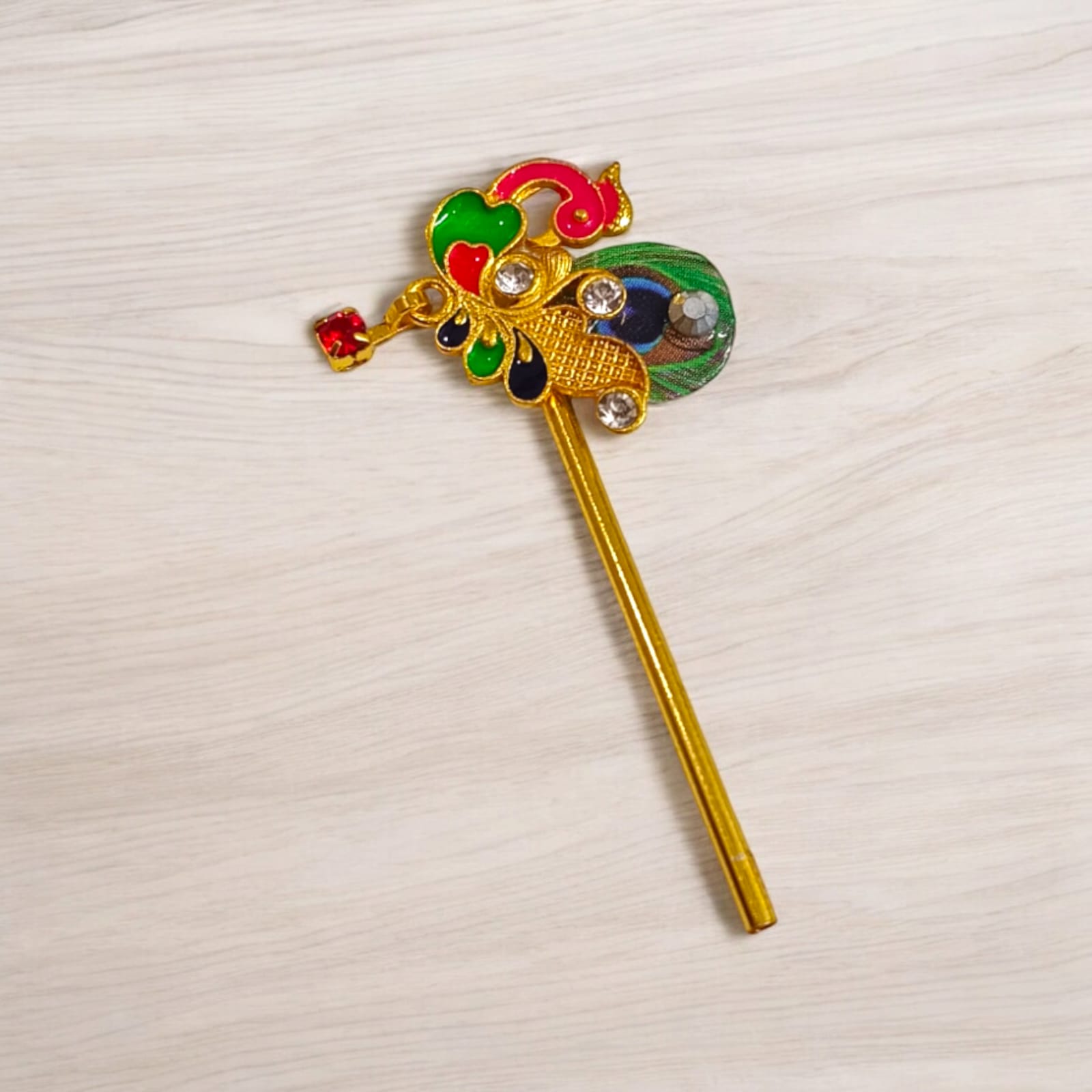 Beautiful 14mm Laddu Gopal bansuri with peacock and zircon design, a divine flute accessory for Krishna Ji idol, perfect for festival decor and daily worship.