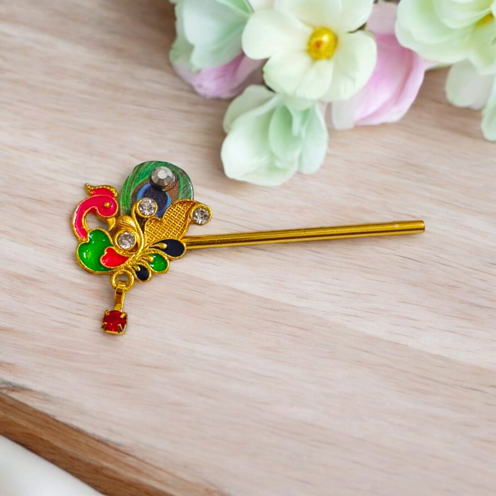Beautiful 14mm Laddu Gopal bansuri with peacock and zircon design, a divine flute accessory for Krishna Ji idol, perfect for festival decor and daily worship.
