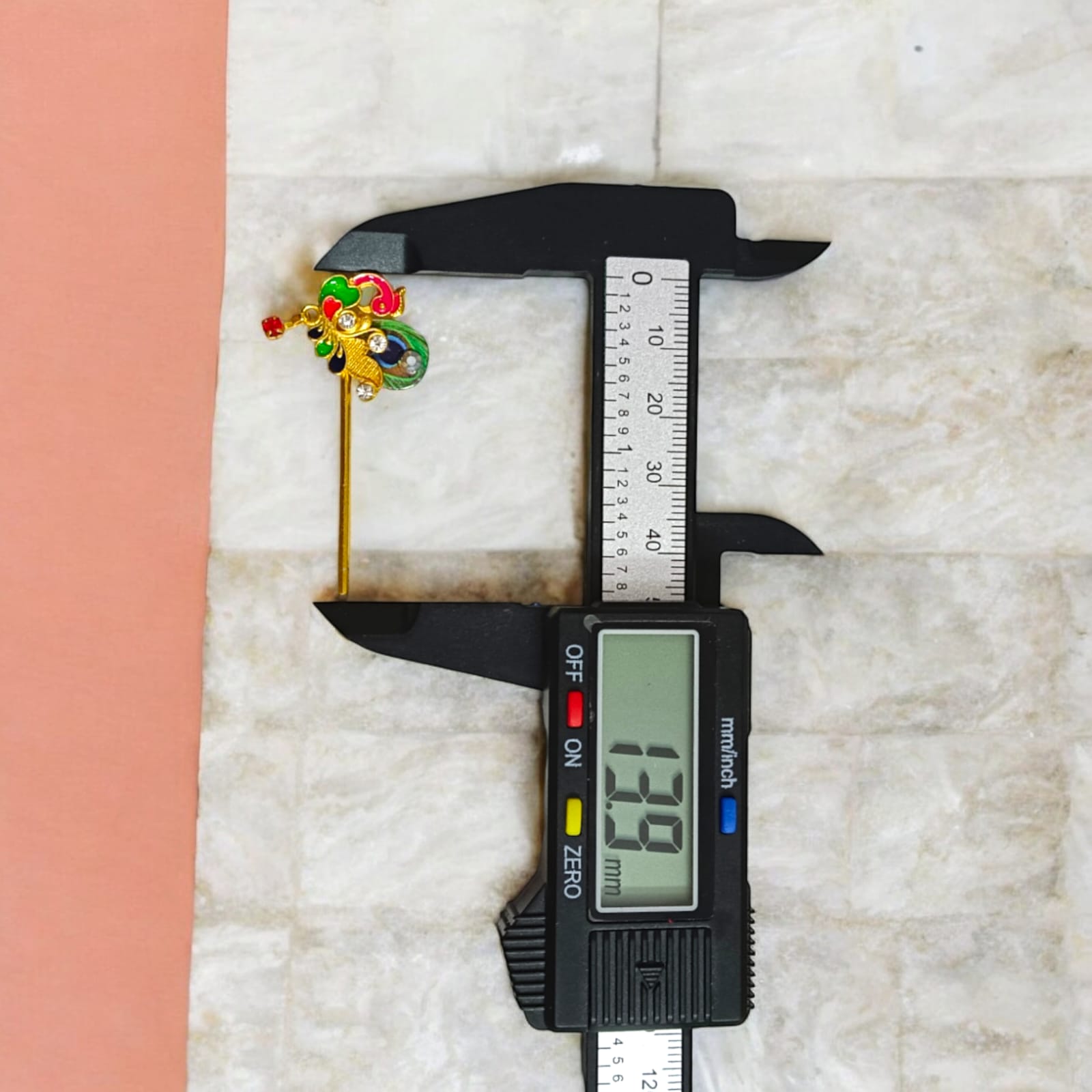 Beautiful 14mm Laddu Gopal bansuri with peacock and zircon design, a divine flute accessory for Krishna Ji idol, perfect for festival decor and daily worship.