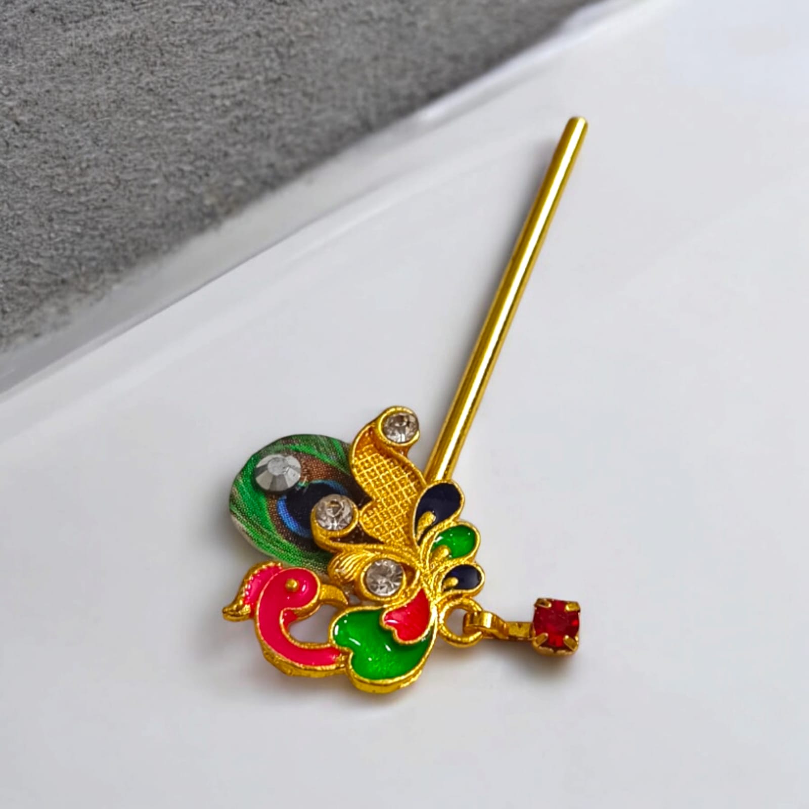 Beautiful 14mm Laddu Gopal bansuri with peacock and zircon design, a divine flute accessory for Krishna Ji idol, perfect for festival decor and daily worship.
