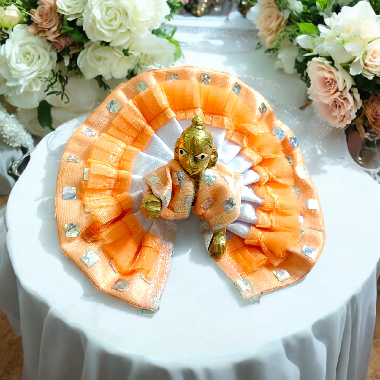 Beautiful net design Laddu Gopal dress for Size 1 No., adorned with intricate patterns, perfect for daily pooja or special occasions.