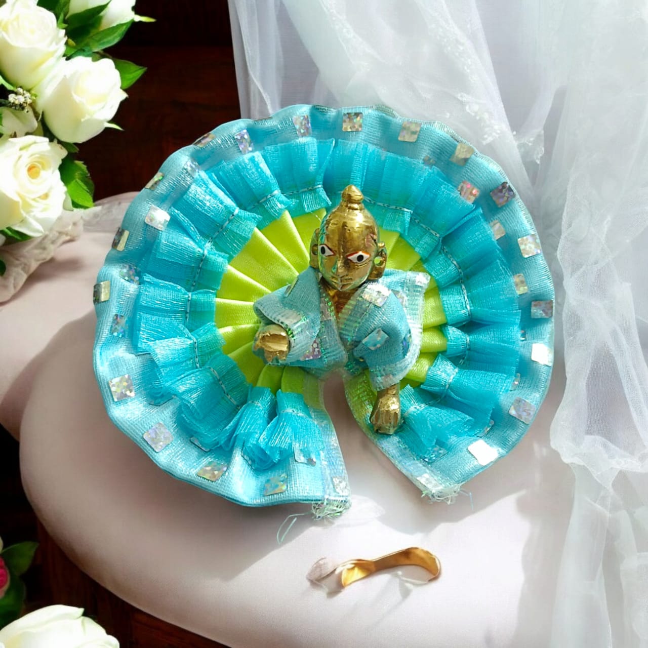 Beautiful net design Laddu Gopal dress for Size 1 No., adorned with intricate patterns, perfect for daily pooja or special occasions.