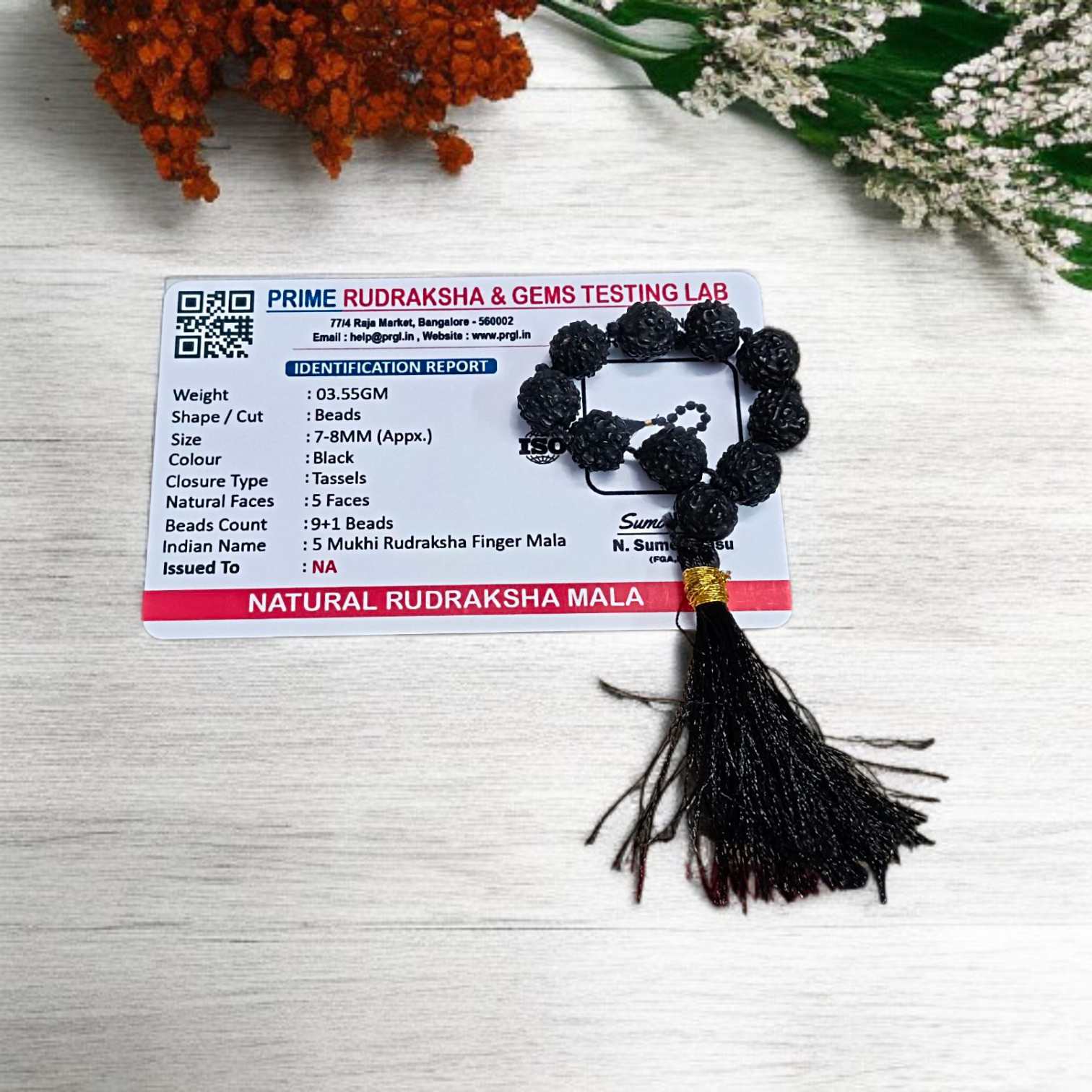 Black 5 Mukhi Rudraksha Mala with 108+1 natural beads, used for meditation and mantra chanting, displayed on a white background