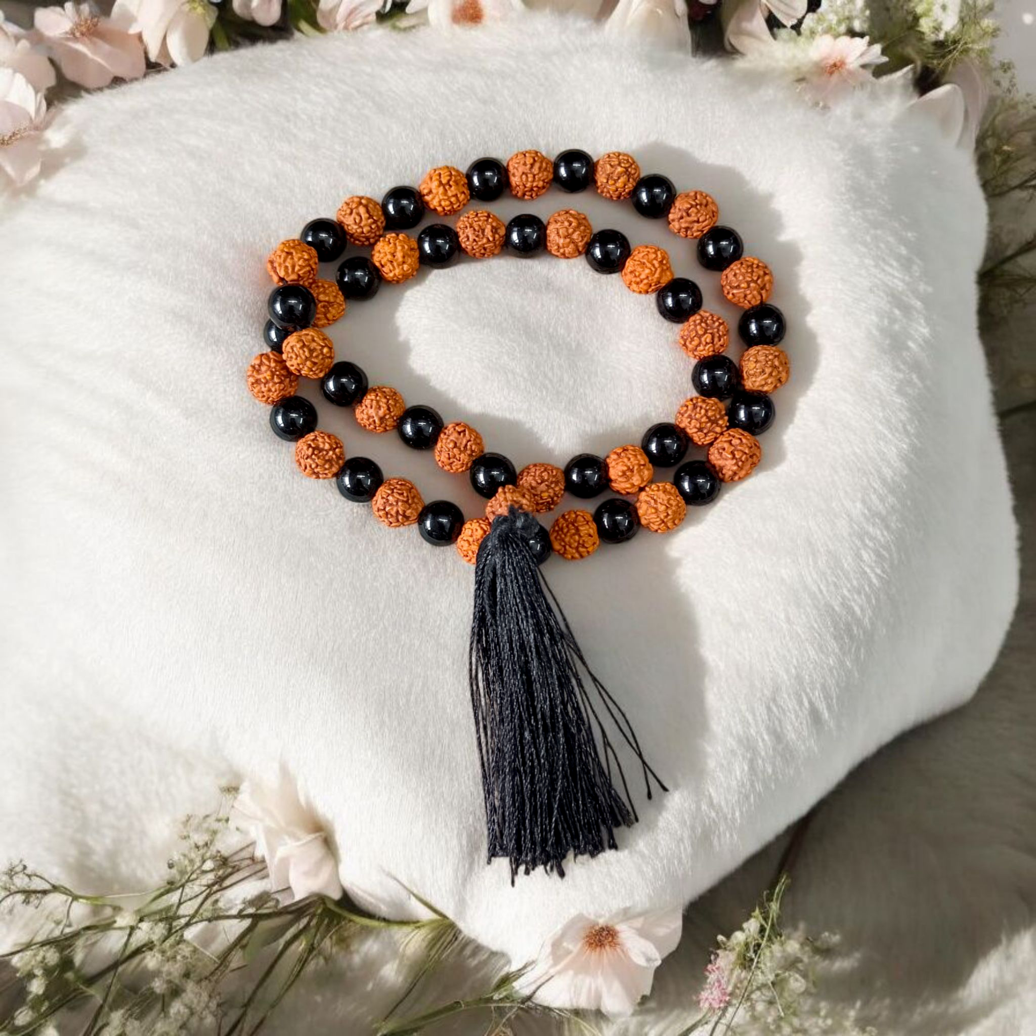 Black Agate & Rudraksha Mala 54+1 Beads – Lab Certified 8mm