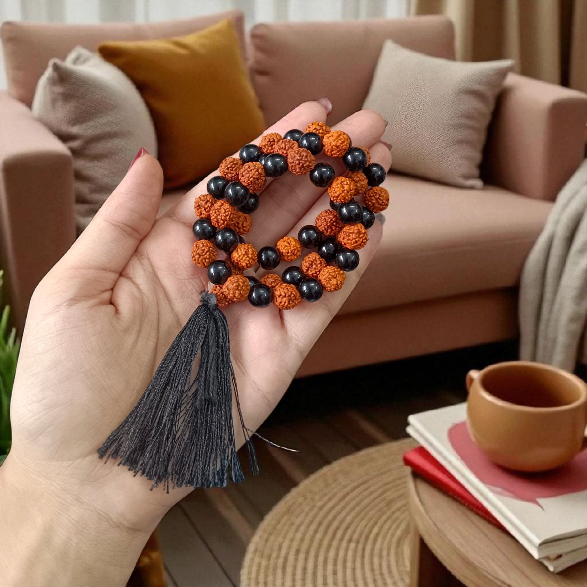 Black Agate & Rudraksha Mala 54+1 Beads – Lab Certified 8mm