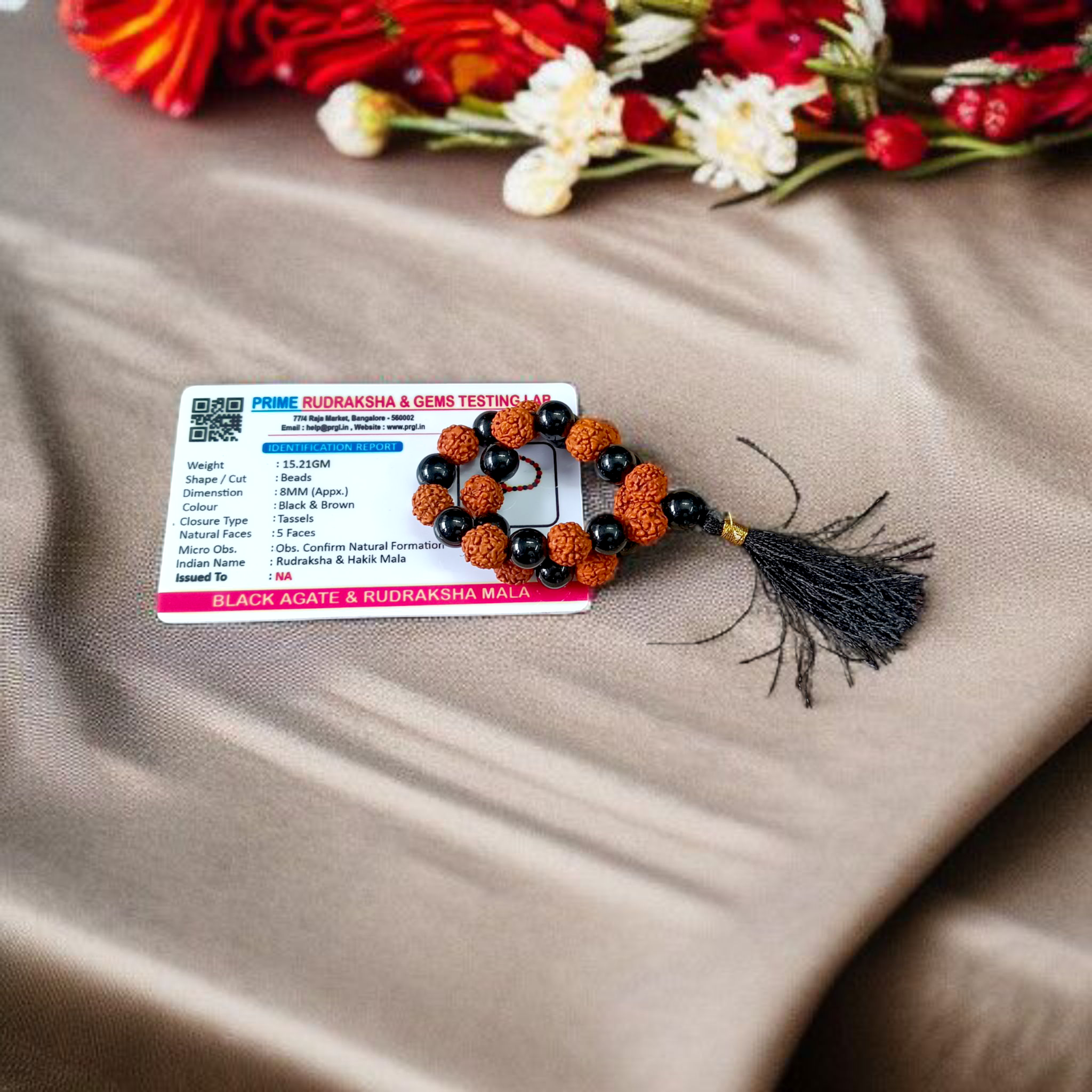 Black Agate and Rudraksha Mala with 8mm certified beads, used for meditation and spiritual practices